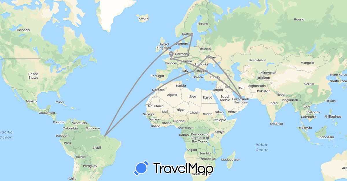 TravelMap itinerary: driving, plane in United Arab Emirates, Bulgaria, Czech Republic, France, Montenegro, Macedonia, Sweden, Ukraine (Asia, Europe)